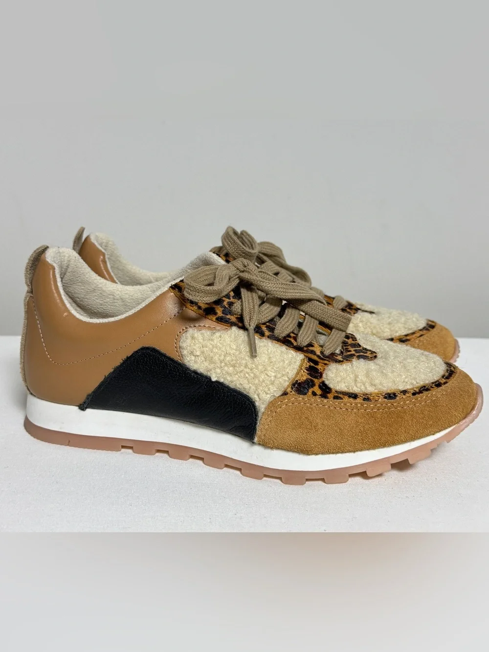 Yosi Samra Paige Tan Leather Sherpa Leopard Mix Crossover Sneakers